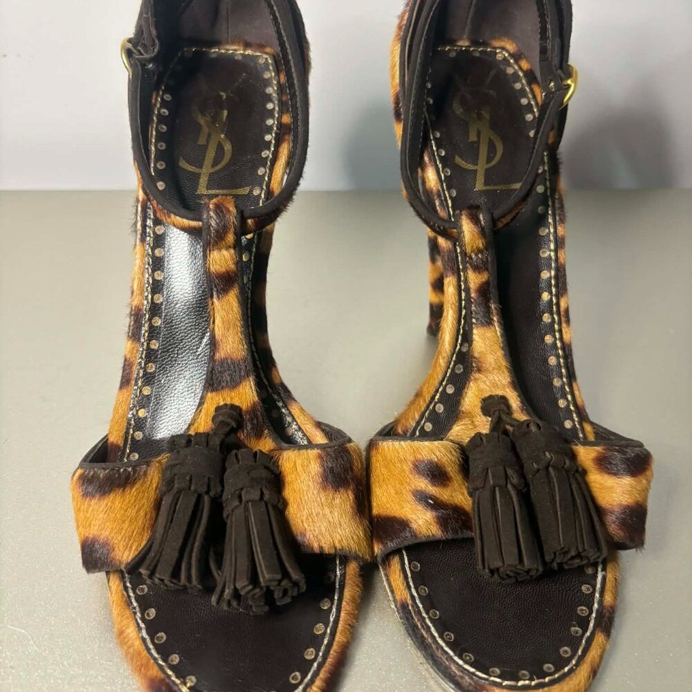 YSL Leopard Calf Hair Peep-Toe Heels with Leather Tassels - Picture 3 of 7